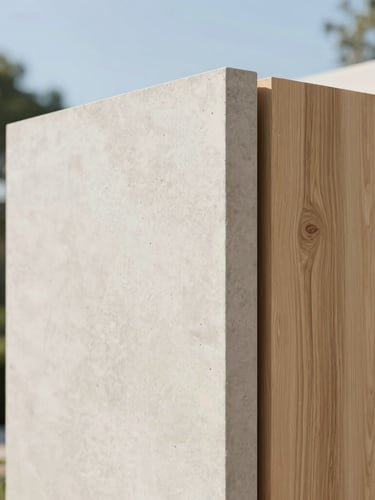 Elegant close-up of premium raw materials, smooth light concrete meeting textured natural oak wood, minimalist architectural detailing, soft daylight, 35mm