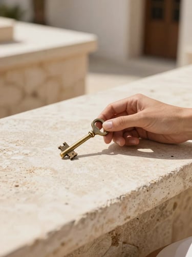 Close-up of elegant hands holding vintage brass keys on a sun-drenched stone counter, soft Mediterranean light, warm beige tones, 35mm photography