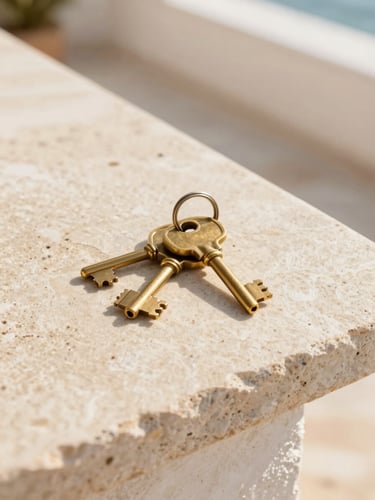 Elegant close-up of brass villa keys resting on a sun-drenched stone countertop, soft golden hour Mediterranean light, 35mm