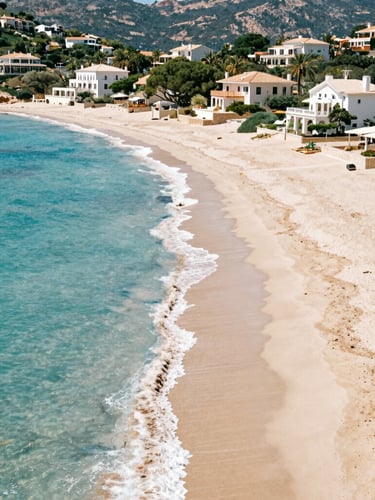 Bright aerial view of the Les Issambres coastline, turquoise Mediterranean sea meeting sandy shores, luxurious villas nestled in green hills, warm sun-drenched daylight, editorial 35mm photography