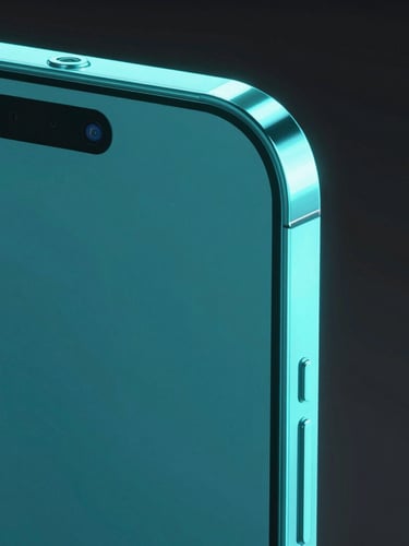 Sleek 3D digital render of a glowing smartphone chassis, dark studio background, vibrant neon cyan emissive lighting, high-contrast glassmorphic panels, sharp macro focus