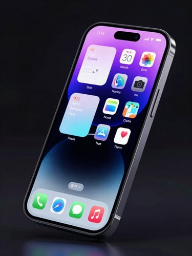 Sleek 3D digital render of a modern smartphone floating against a dark studio background, showing glowing neon purple and cyan widgets on the home screen, sharp macro focus.
