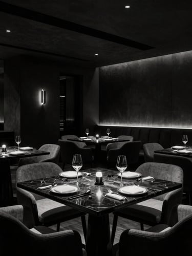 Dramatic wide-angle interior of a luxury hotel dining room in Baghdad, low-key high-contrast lighting, sleek modern tableware arranged on dark marble tables, architectural focus.