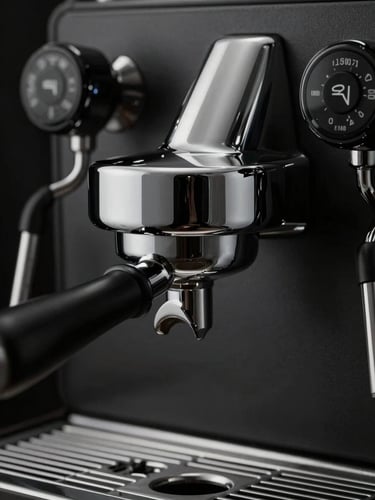 Extreme close-up of a luxury espresso machine group head, polished chrome and matte black finish, dramatic studio lighting, dark background