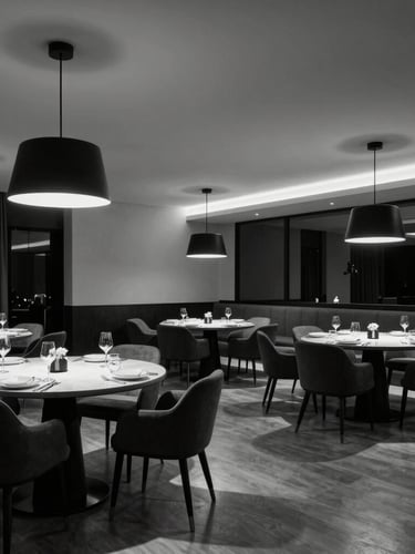 Wide architectural shot of a luxury hotel dining room in Baghdad, featuring V.CASA premium tableware and minimalist lighting, high-contrast black and white
