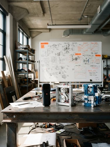Crisp industrial design studio, physical product prototypes on a steel table under sharp daylight, safety orange telemetry markings on a whiteboard behind, architectural angle, 35mm lens.