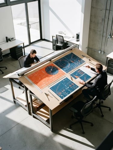 Architectural high-angle shot of a modern concrete workspace with sharp daylight shadows, a large drafting table showing structured launch telemetry maps in safety orange, minimalist professional environment, 35mm lens.