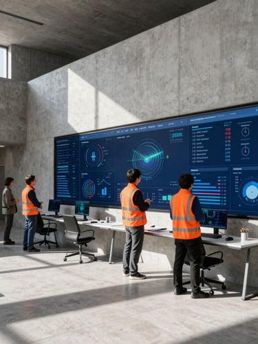 Architectural wide shot of a modern concrete workspace, sharp daylight casting deep shadows, collaborative team analyzing telemetry data on a large wall display, 35mm lens.