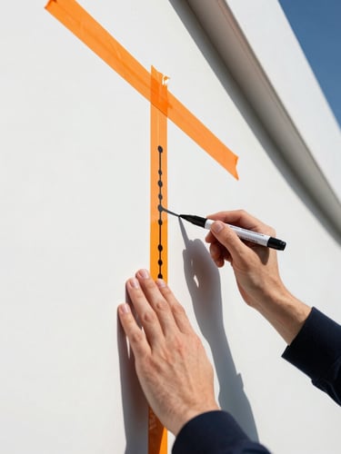 Crisp editorial close-up of hands plotting a launch timeline on a stark white wall with black markers and safety orange tape, sharp high-contrast daylight, architectural precision, 35mm lens.
