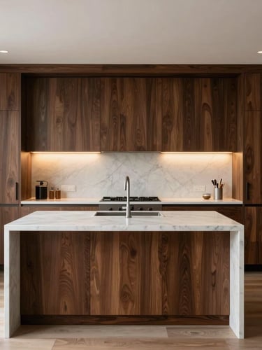 Straight-on architectural elevation of a pristine luxury kitchen with custom dark oak cabinets, integrated warm lighting, and white marble island, minimalist composition.