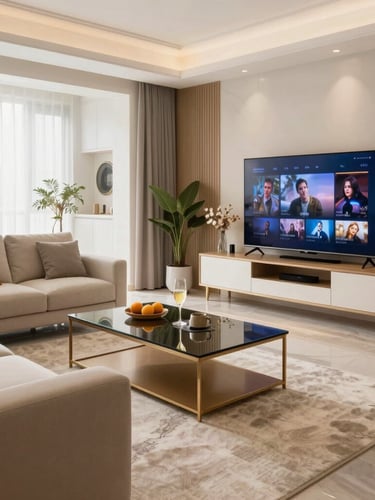 Düzgün hizalanmış, modern ve lüks bir salonun geniş açılı mimari fotoğrafı, şampanya sarısı detaylar ve özel yapım TV ünitesi göze çarpıyor, gün ışığı.