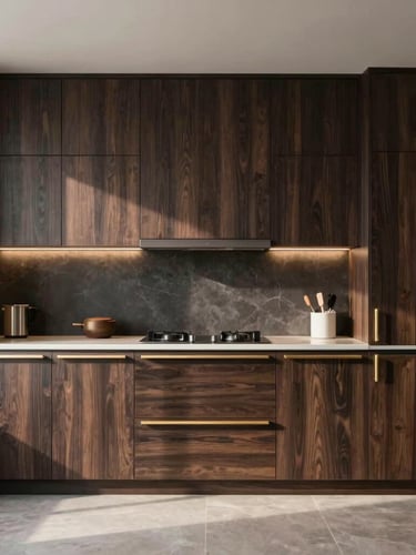 Straight-on architectural elevation of a luxurious modern kitchen with custom dark oak cabinets, brushed champagne-gold hardware, warm ambient under-cabinet lighting, natural daylight, high-end editorial feel