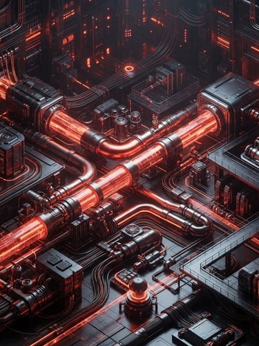 Sleek 3D tech render of data pipelines, dark metallic surfaces, glowing orange-red ambient light, sophisticated high-contrast mood, isometric depth
