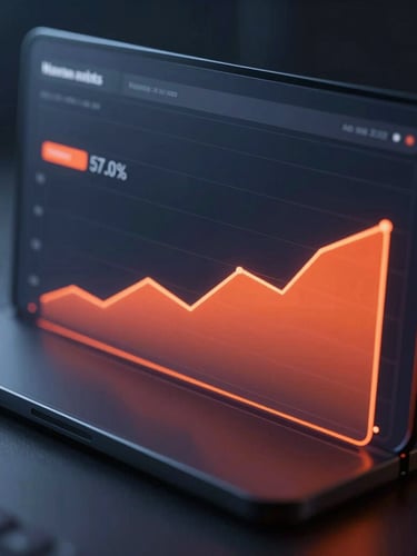 Close-up of a sleek marketing analytics dashboard displaying conversion rates and revenue growth curves, dark metallic background, subtle blue and orange-red ambient glow, premium design.