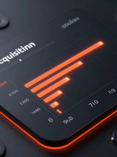 High-fidelity digital dashboard mockup showing positive acquisition metrics and sales pipeline velocity, dark mode interface with glowing orange-red lines, clean UI, macro shot, premium tech aesthetic.
