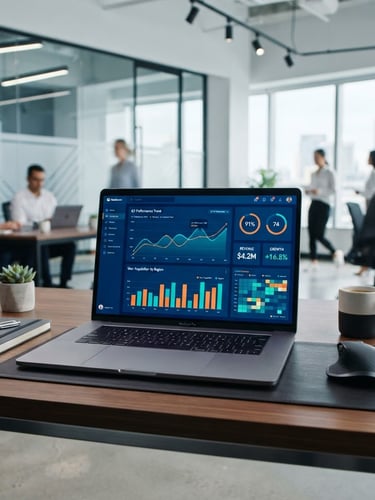Modern corporate environment, clean lines, a sleek laptop displaying a data dashboard with teal and orange accents, bright studio light, professional tech aesthetic.