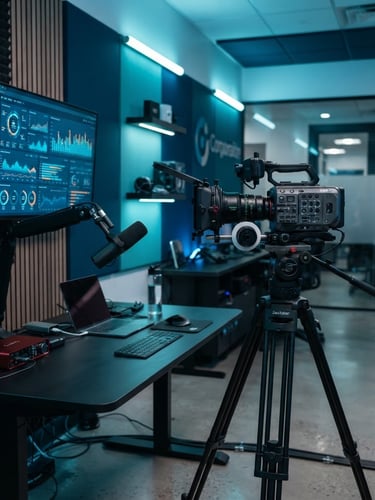 Modern video studio setup, professional camera on tripod, large monitor displaying a data dashboard, sleek microphone, cool studio lighting, deep blue and teal accents, sharp focus, professional tech aesthetic.