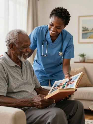 A professional Zimbabwean carer sitting with an elderly man, sharing a laugh over a photo album in a bright living room.