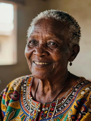 Close-up of a dignified Zimbabwean grandmother smiling warmly inside her sunlit home, wearing traditional attire.