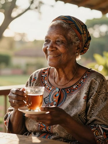 Dignified Zimbabwean grandmother sitting on a sunlit veranda in Harare, smiling warmly as she holds a cup of tea, soft golden hour light filtering through garden trees.