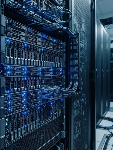 Close-up of a secure server rack with glowing blue indicator lights in a pristine, cool-lit data center, sharp focus, desaturated slate tones
