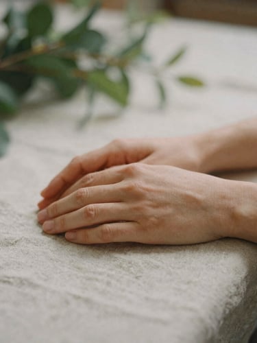 Quiet close-up of hands resting on a textured linen tablecloth next to soft-focus green foliage, warm editorial photography, soft diffused morning light, muted earth tones, shallow depth of field, 35mm film aesthetic.