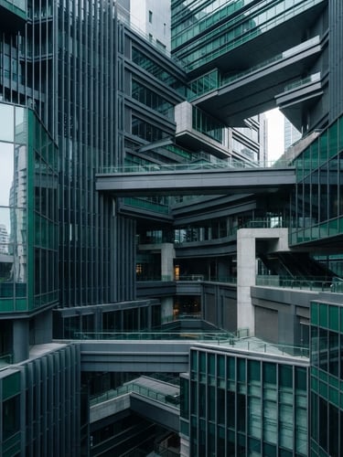 Abstract geometric rendering of structured financial layers, cool natural daylight, slate-gray and sharp emerald tones, high clarity, architectural precision, 35mm