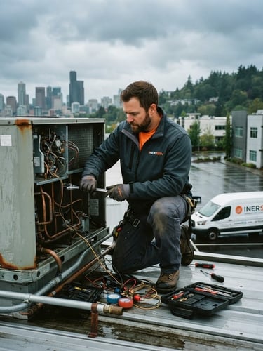 Industrial editorial photograph of an INERSERV technician in branded uniform working on a commercial HVAC unit, a fully branded service vehicle visible in the background, overcast Pacific Northwest daylight, cool slate and safety orange tones, sharp focus, 35mm.