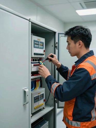 Medium-wide shot of a skilled INERSERV technician, wearing branded workwear, meticulously working on a complex commercial HVAC control panel in a clean utility room, hands on tools, industrial editorial photography, clean indoor utility room lighting, cool slate and safety orange tones, sharp focus, 35mm.