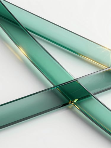 A close-up 3D render of fluid glass ribbons reflecting emerald and gold light, soft studio lighting, clean isometric composition, high resolution