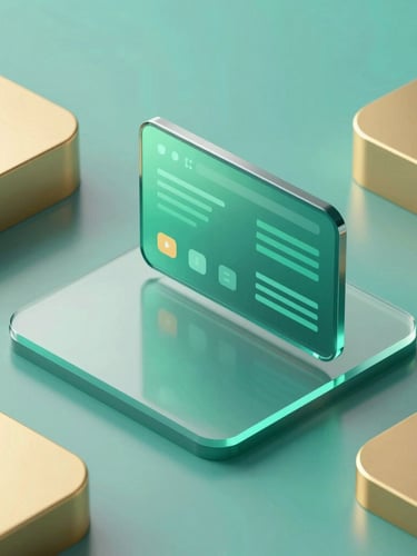 Isometric view of a high-end digital interface displayed on a sleek glass screen, surrounded by abstract metallic gold shapes reflecting soft teal light, studio setup