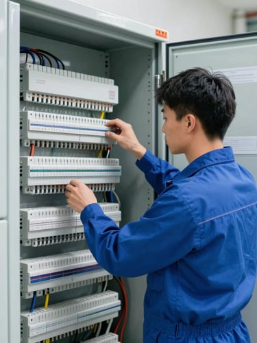 Professional uniformed technician working on a clean, organized electrical distribution board, crisp commercial photography, bright daylight, sharp focus, professional technical equipment, medium-wide environmental shot