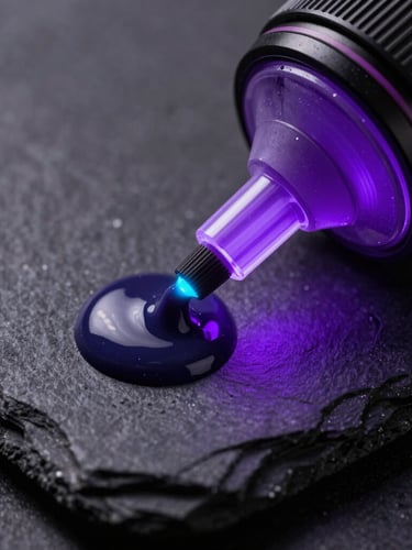 Extreme macro studio close-up of liquid UV ink curing under a sharp violet light strip on dark textured slate, ultra-detailed texture, 50mm lens, vivid violet accent.