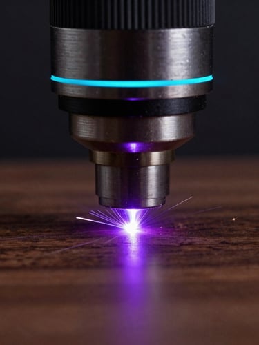 Extreme close-up of a high-power laser head cutting dark walnut wood, bright purple sparks, crisp edges, dark studio background, 50mm lens