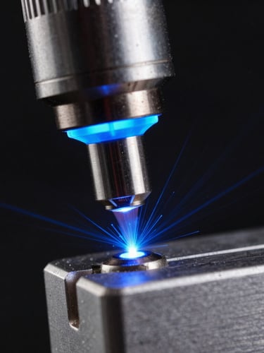 Extreme macro close-up of a high-power laser head cutting anodized aluminum, sharp blue sparks flying, dark studio background, vivid laser-cyan accents, ultra-detailed texture