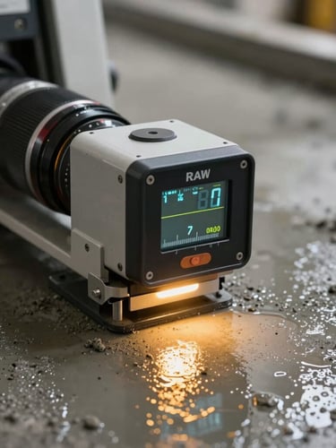 Close-up of a digital laser receiver mounted on a concrete screed machine, displaying millimeter precision metrics, sharp focus, dramatic industrial lighting with golden reflections on wet concrete.