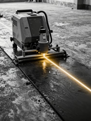 High-contrast black and white wide shot of a laser screed machine operating on a massive concrete floor, golden laser lines projected across the wet slab.