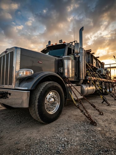 High-contrast image of a heavy-duty flatbed truck, fully rigged, parked under dramatic early morning sunlight, with chains and straps visible, emphasizing readiness and industrial strength. Low angle shot to emphasize scale.