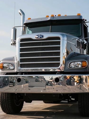 Portrait shot of a heavy-duty flatbed truck's front grill and bumper, clean and well-maintained, with chrome accents reflecting hard, high-contrast daylight. The truck is parked at the Red Oak facility, emphasizing rugged, real-world reliability, industrial editorial photography, sharp details, 35mm lens, low-angle shot