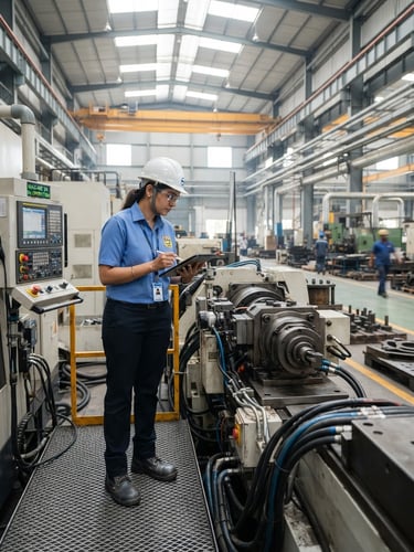 Professional logistics engineer inspecting heavy industrial machinery in a bright Indian factory, daylight, clean industrial photography, 35mm lens