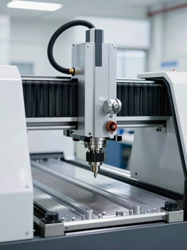 Close-up of high-precision CNC machinery on a bright, clean factory floor, natural daylight, sharp focus, 35mm architectural lens