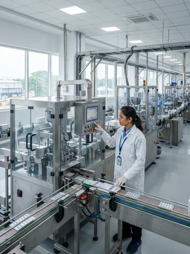Bright high-precision architectural photo of a modern automated pharmaceutical packaging factory floor in India, stainless steel machinery, clean room environment, professional engineer in uniform inspecting components, natural daylight.