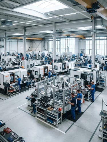 Wide environmental shot of a modern high-precision factory floor with clean machinery, bright daylight, 35mm lens