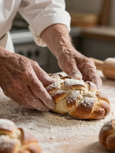 Close-up of an elderly artisan baker's hands dusting flour over traditional braided sweet bread, soft morning side-light, warm kitchen background