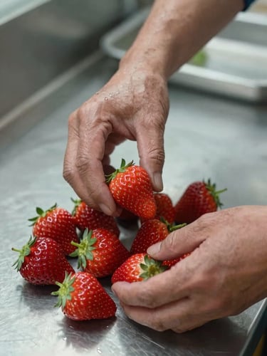 Hands of a local farmer gently sorting fresh, ripe strawberries under soft natural light, clean stainless steel background of the cooperative facility.