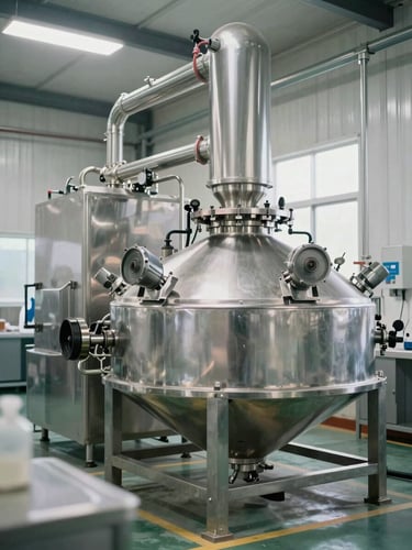 Interior of a modern, clean, stainless steel agro-industrial processing facility, bright natural light, organized and hygienic environment.