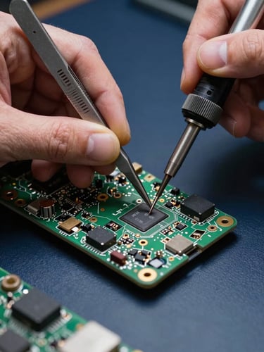 Extreme close-up of a technician's steady hands gripping precision tweezers over a smartphone motherboard, soldering iron tip glowing faintly in the right corner, deep navy repair bench surface, studio lighting from the left casting sharp shadow definition on each component
