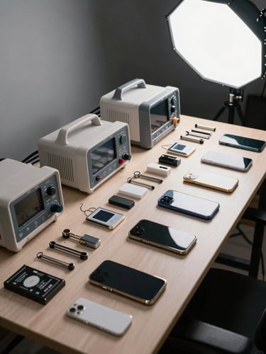 Wide shot of an organized smartphone repair bench: tools laid out in order, diagnostic equipment powered on, genuine parts arranged on a neutral surface under clean studio strobe lighting, no people