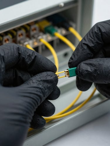 Tight macro shot of a technician's hands wearing clean black ESD gloves, carefully routing a thin yellow fiber optic patch cable inside an indoor termination box.