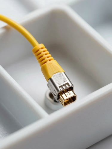 Tight macro shot of a yellow fiber optic patch cord being clicked into a clean white indoor termination box, bright natural lighting, precise alignment.
